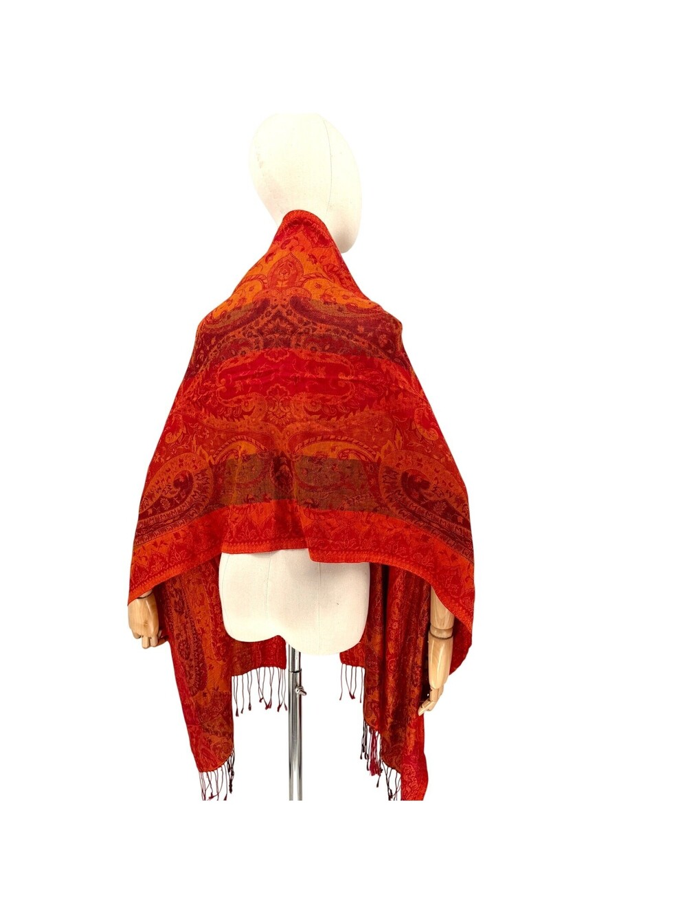 Sacred Threads Orange Red 100% Silk Paisley Fringed Shawl